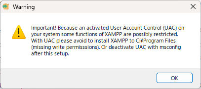 xamppインストール時のwarningダイアログ